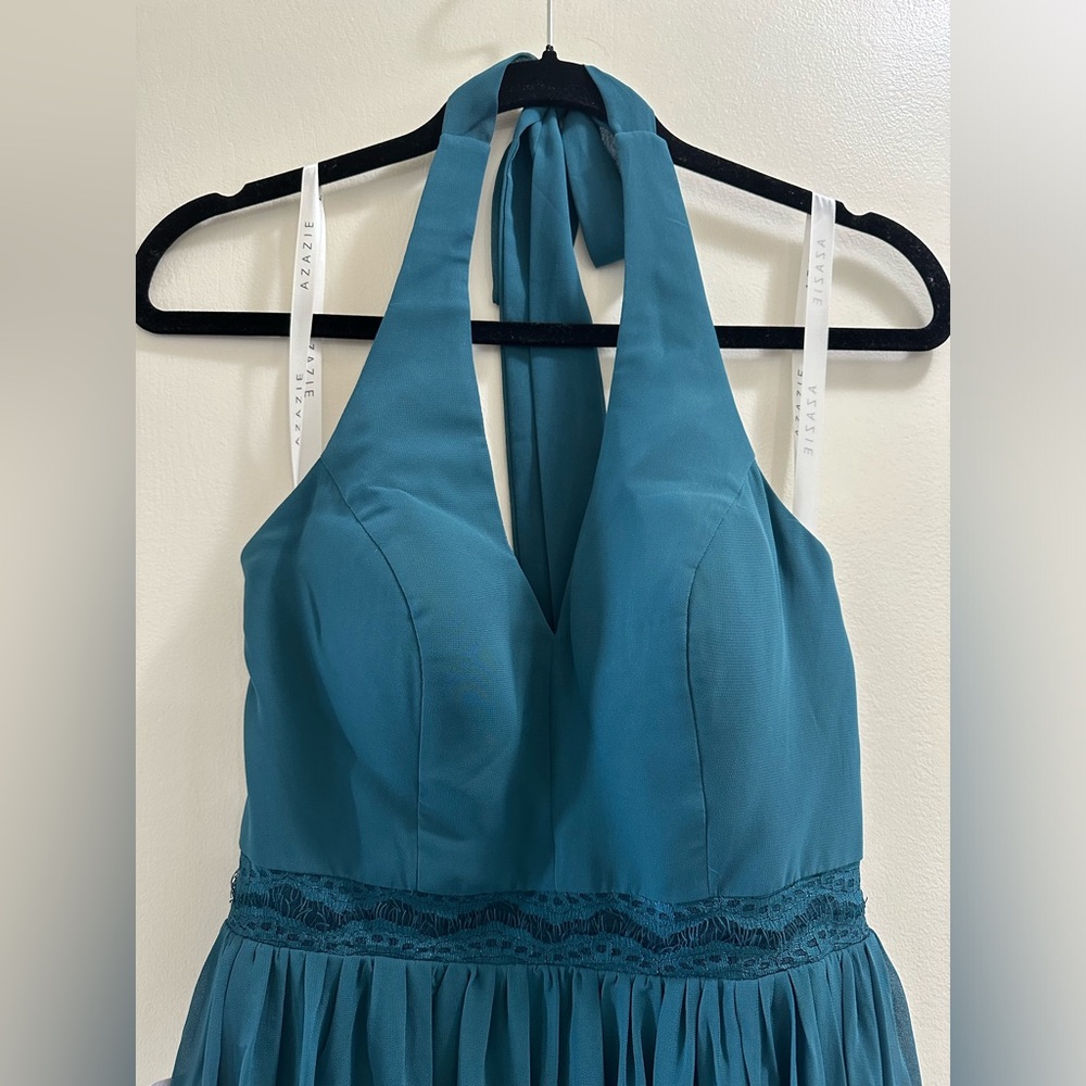 Azazie Asana peacock bridesmaid dress, size A4